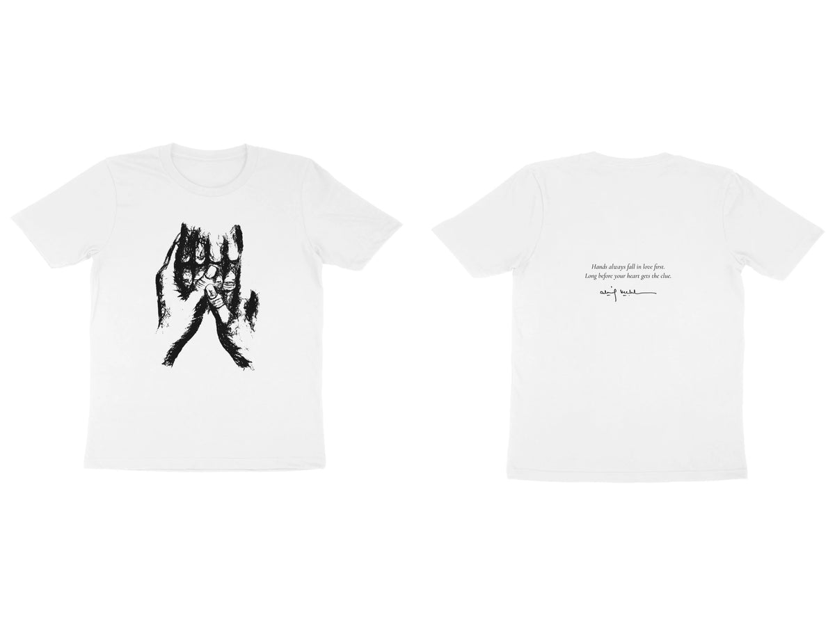 Held Hands Tee – Sketch front, poem back – White (front and back)