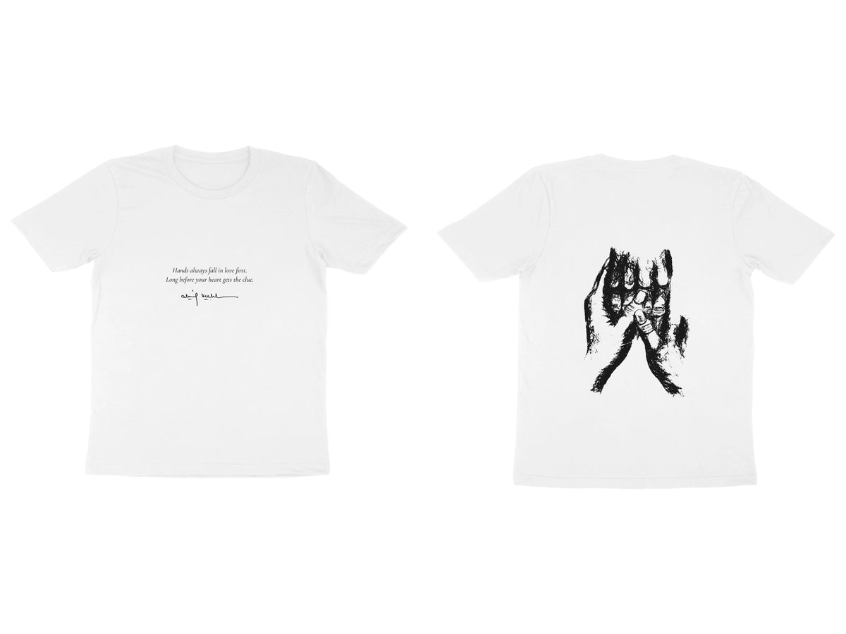 Held Hands Tee – Poem front, sketch back – White (front and back)