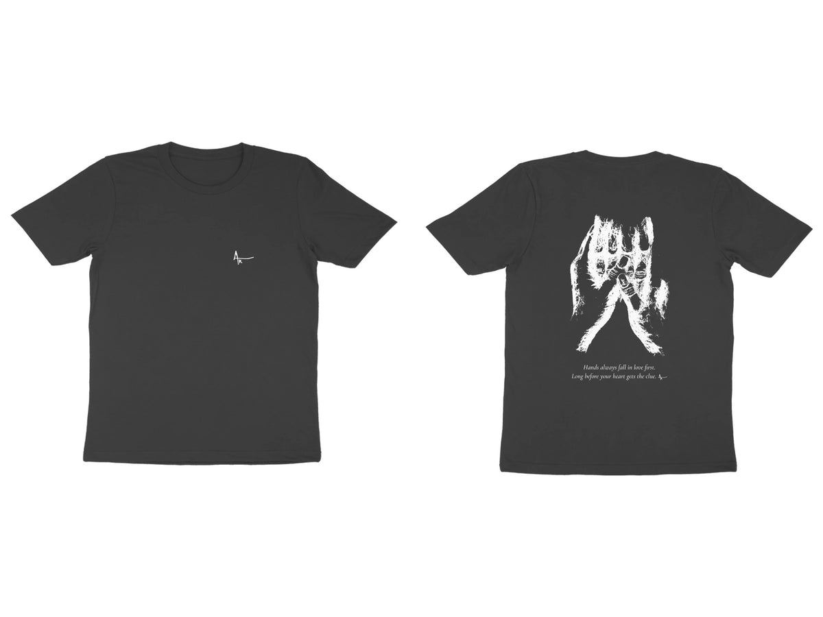 Held Hands Tee – Ak logo front, sketch + poem back – Black (front and back)