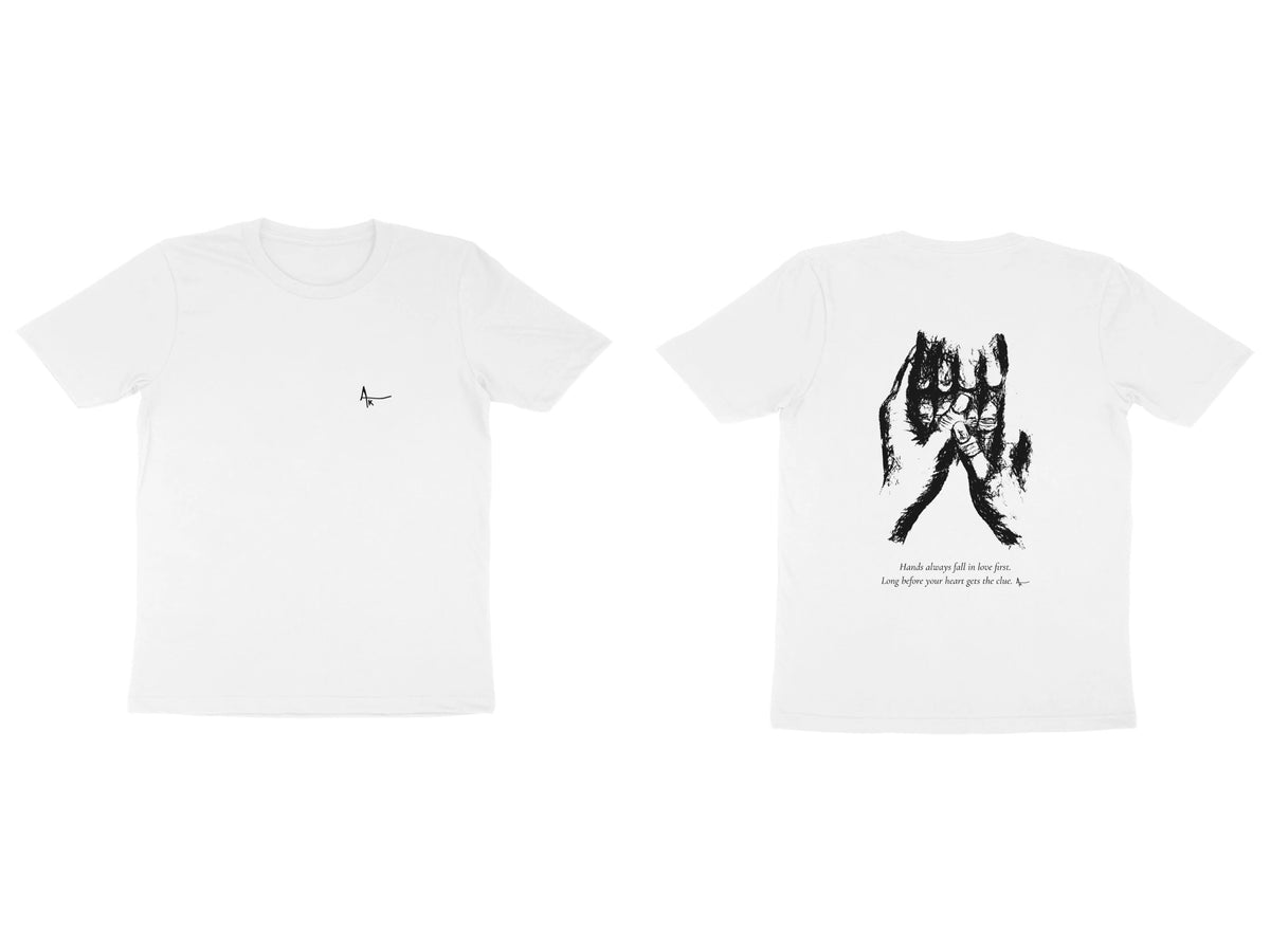Held Hands Tee – Ak logo front, sketch + poem back – White (front and back)