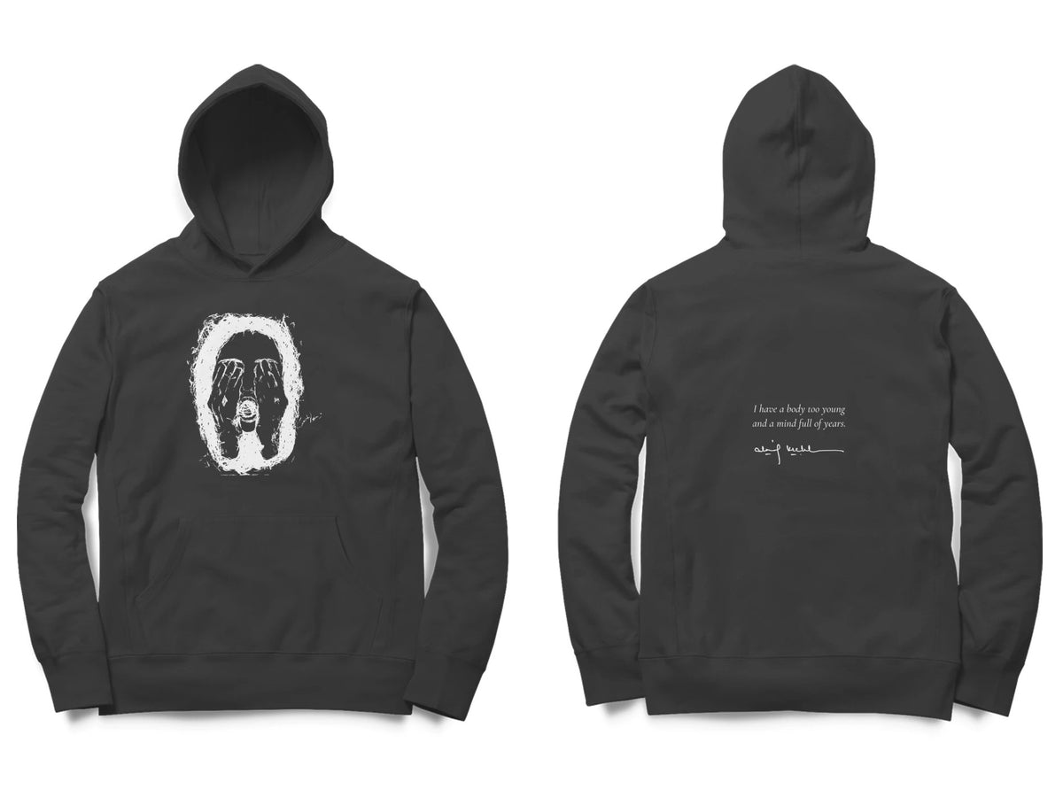 Hidden Face Hoodie – Sketch front, poem back – Black (front and back)