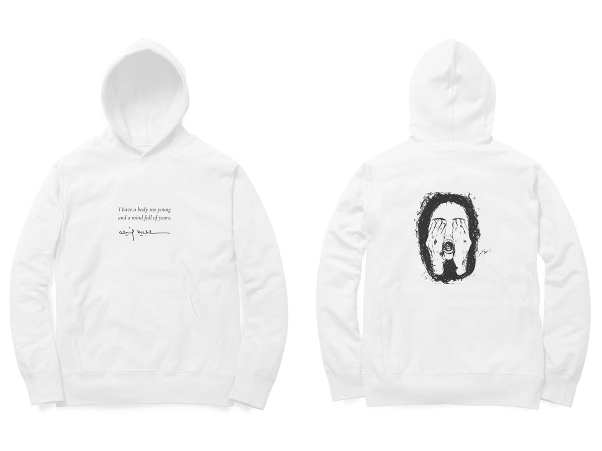 Hidden Face Hoodie – Poem front, sketch back – White (front and back)