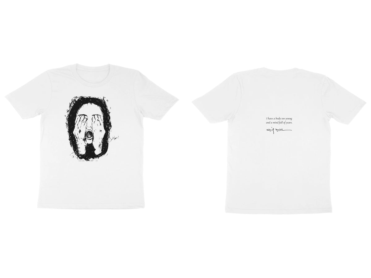Hidden Face Tee – Sketch front, poem back – White (front and back)