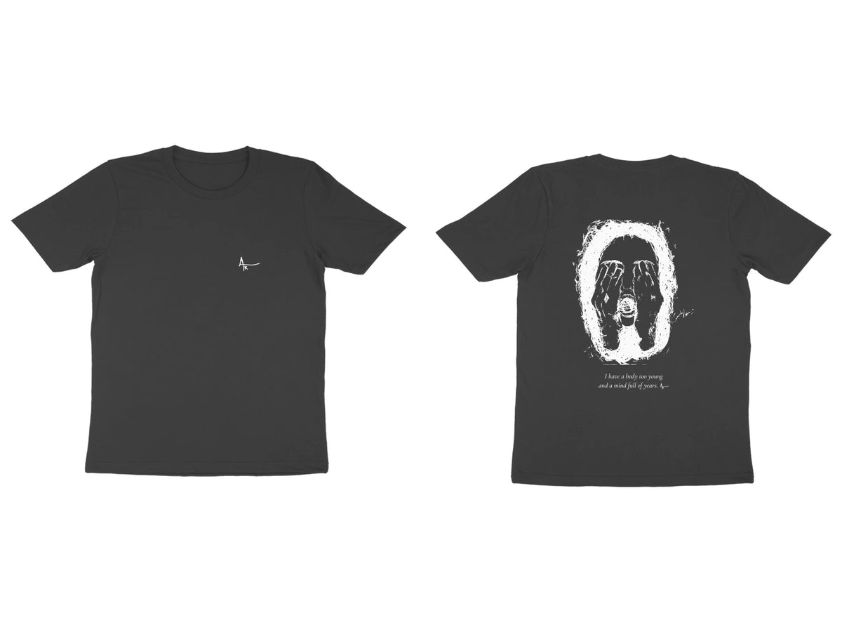 Hidden Face Tee – Ak logo front, sketch + poem back – Black (front and back)