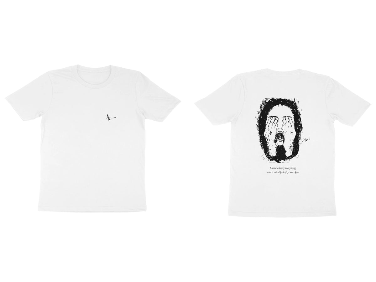 Hidden Face Tee – Ak logo front, sketch + poem back – White (front and back)