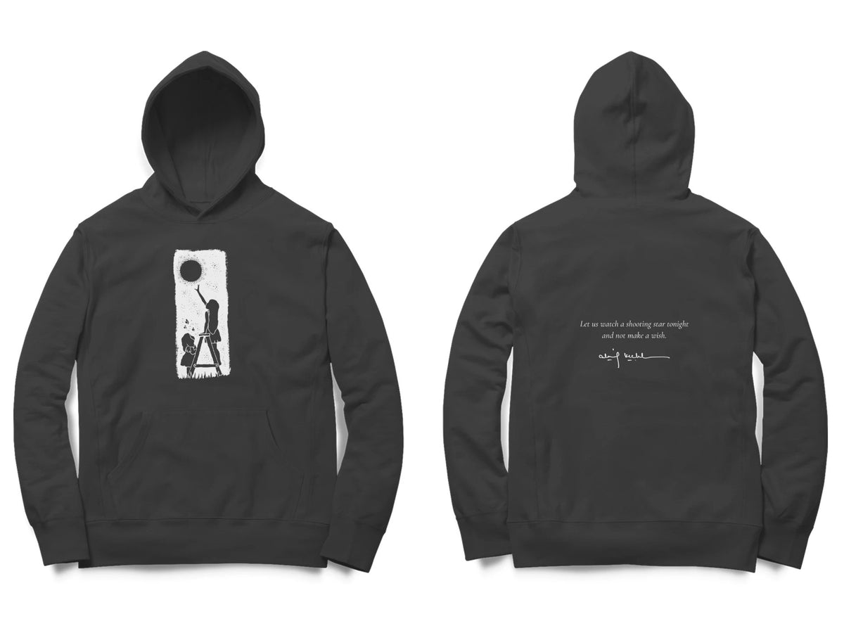 Moon Ladder Hoodie – Sketch front, poem back – Black (front and back)