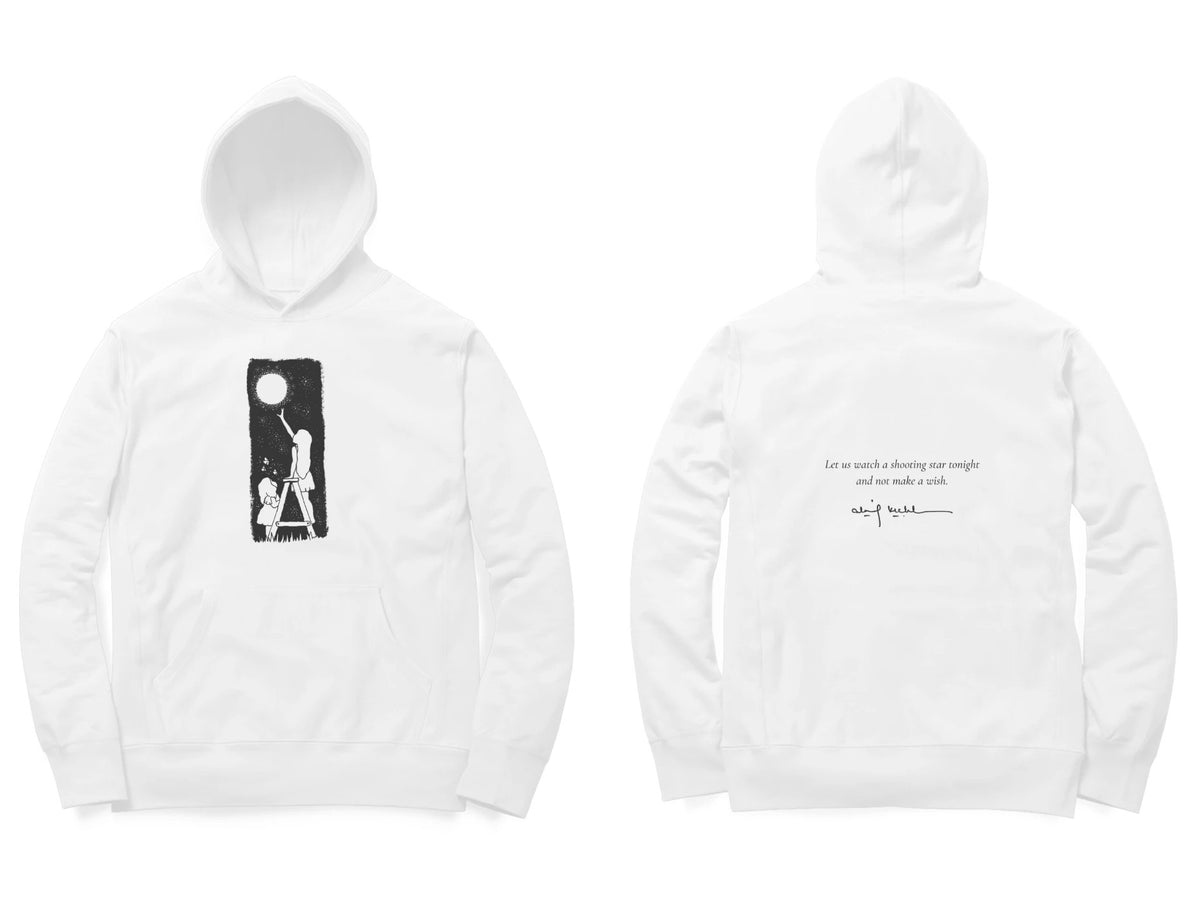 Moon Ladder Hoodie – Sketch front, poem back – White (front and back)