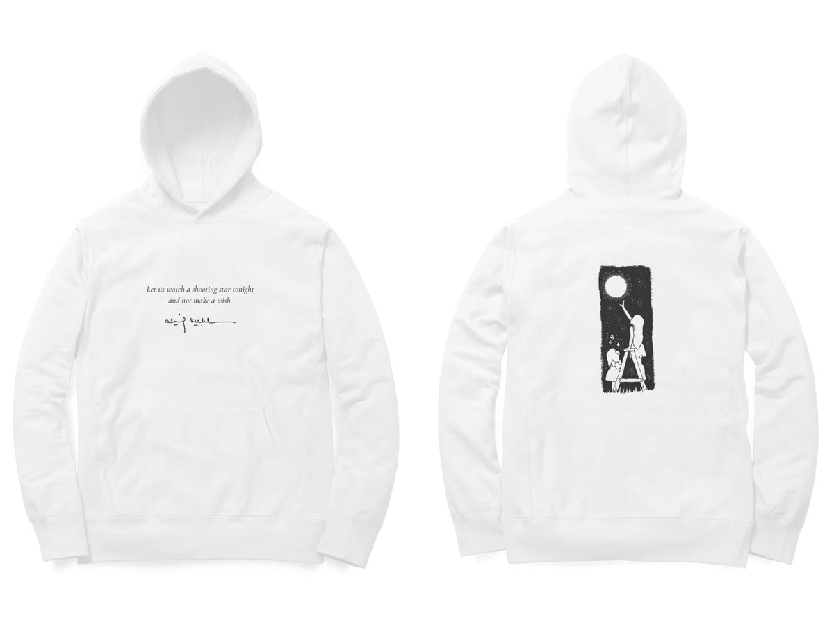 Moon Ladder Hoodie – Poem front, sketch back – White (front and back)