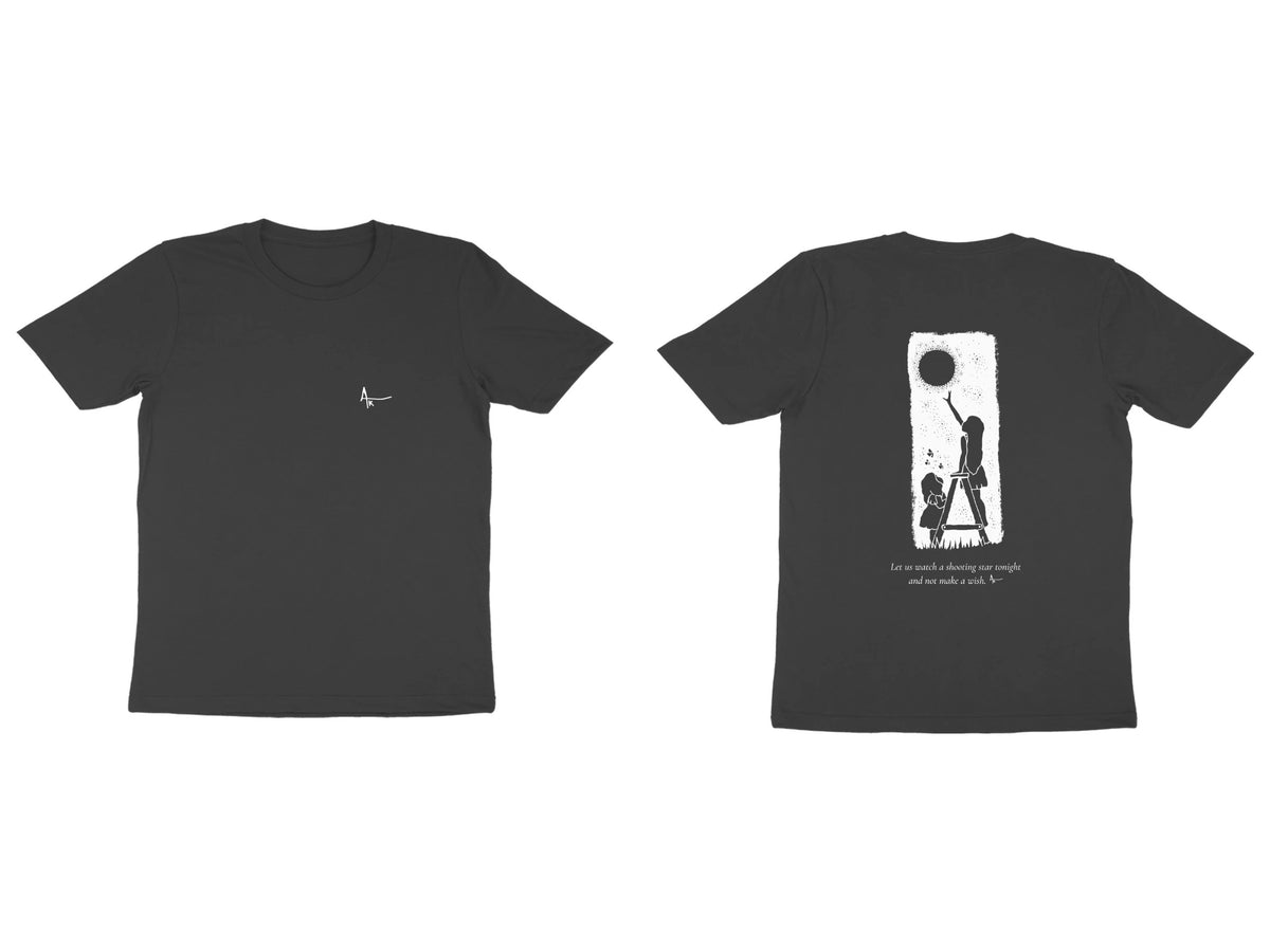 Moon Ladder Tee – Ak logo front, sketch + poem back – Black (front and back)