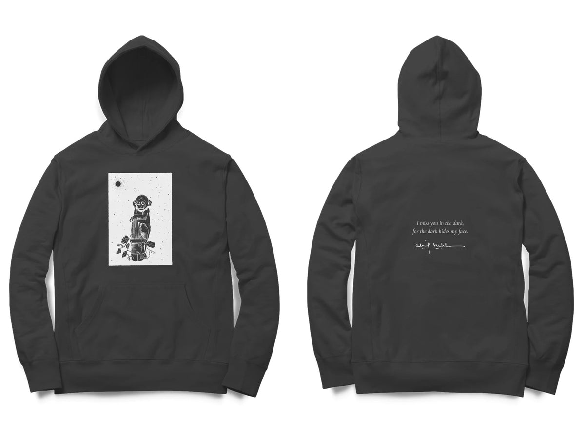 Night Figure Hoodie – Sketch front, poem back – Black (front and back)