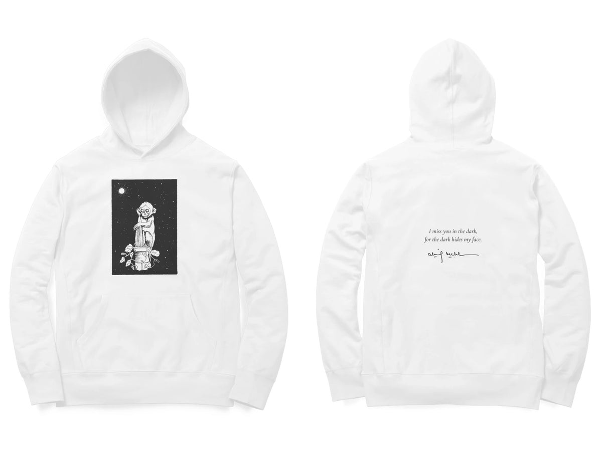 Night Figure Hoodie – Sketch front, poem back – White (front and back)