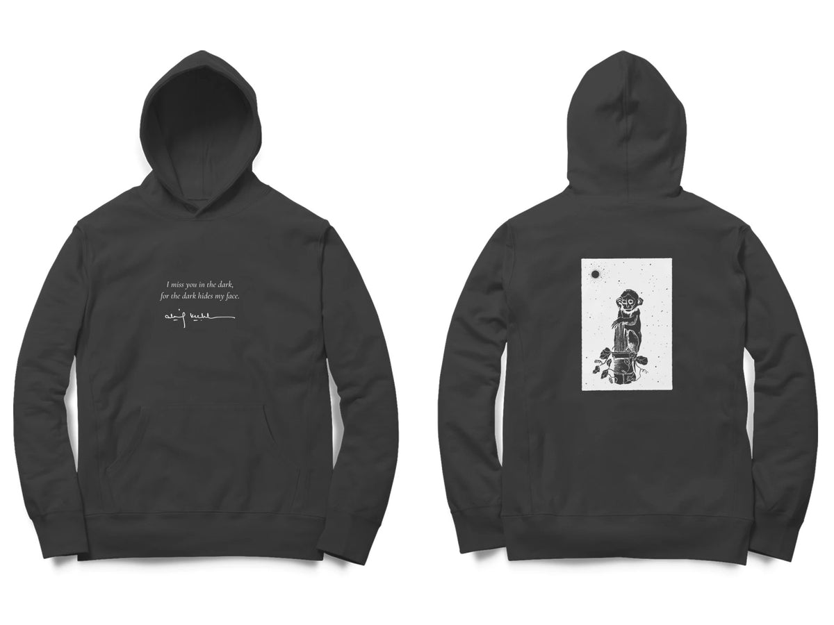 Night Figure Hoodie – Poem front, sketch back – Black (front and back)