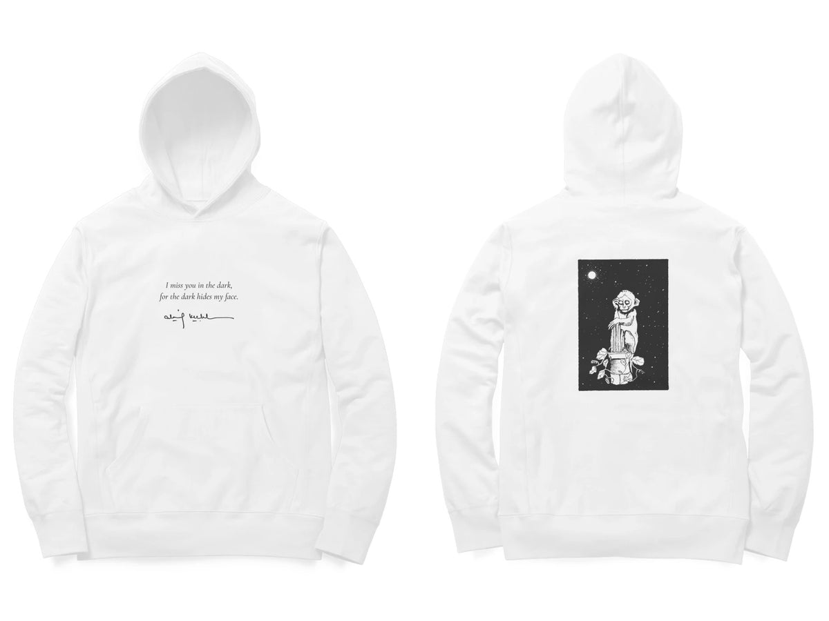 Night Figure Hoodie – Poem front, sketch back – White (front and back)
