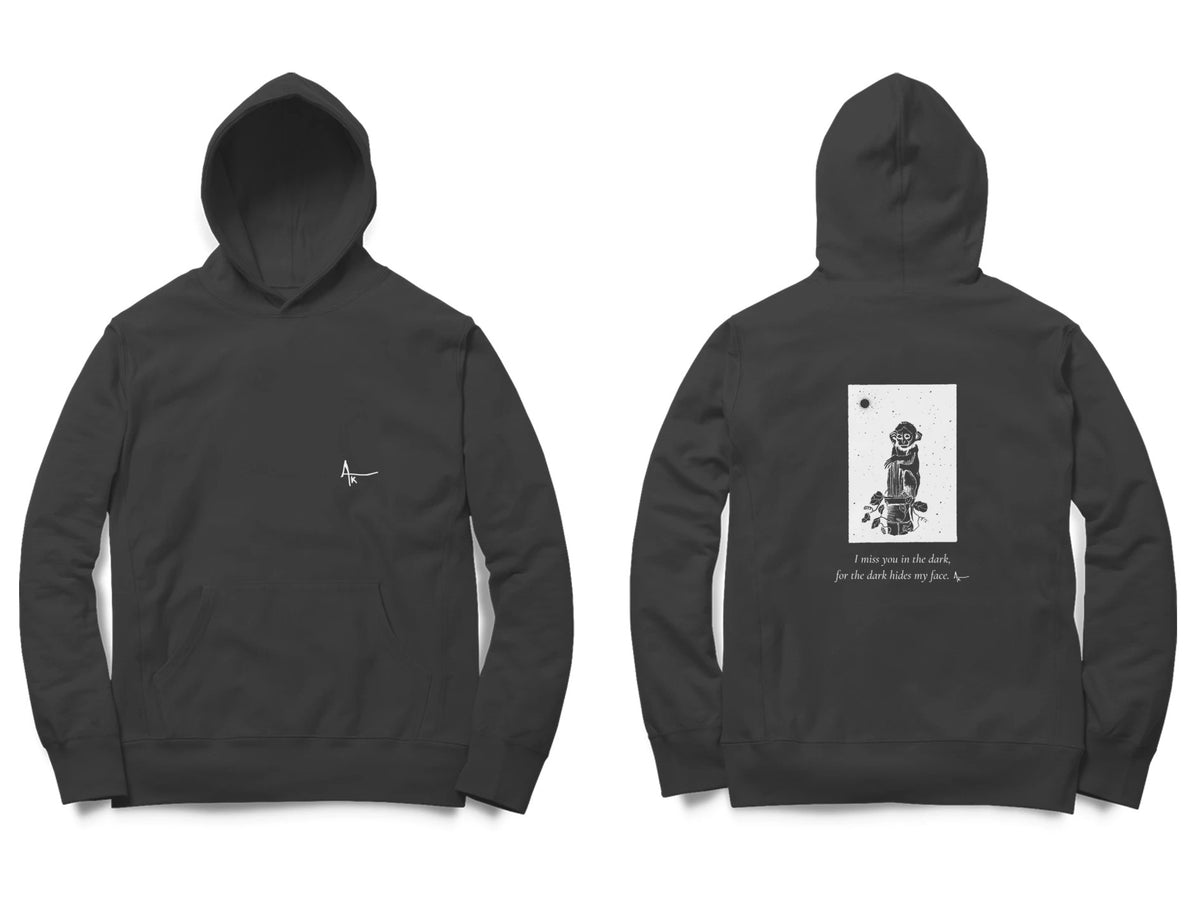 Night Figure Hoodie – Ak logo front, sketch + poem back – Black (front and back)