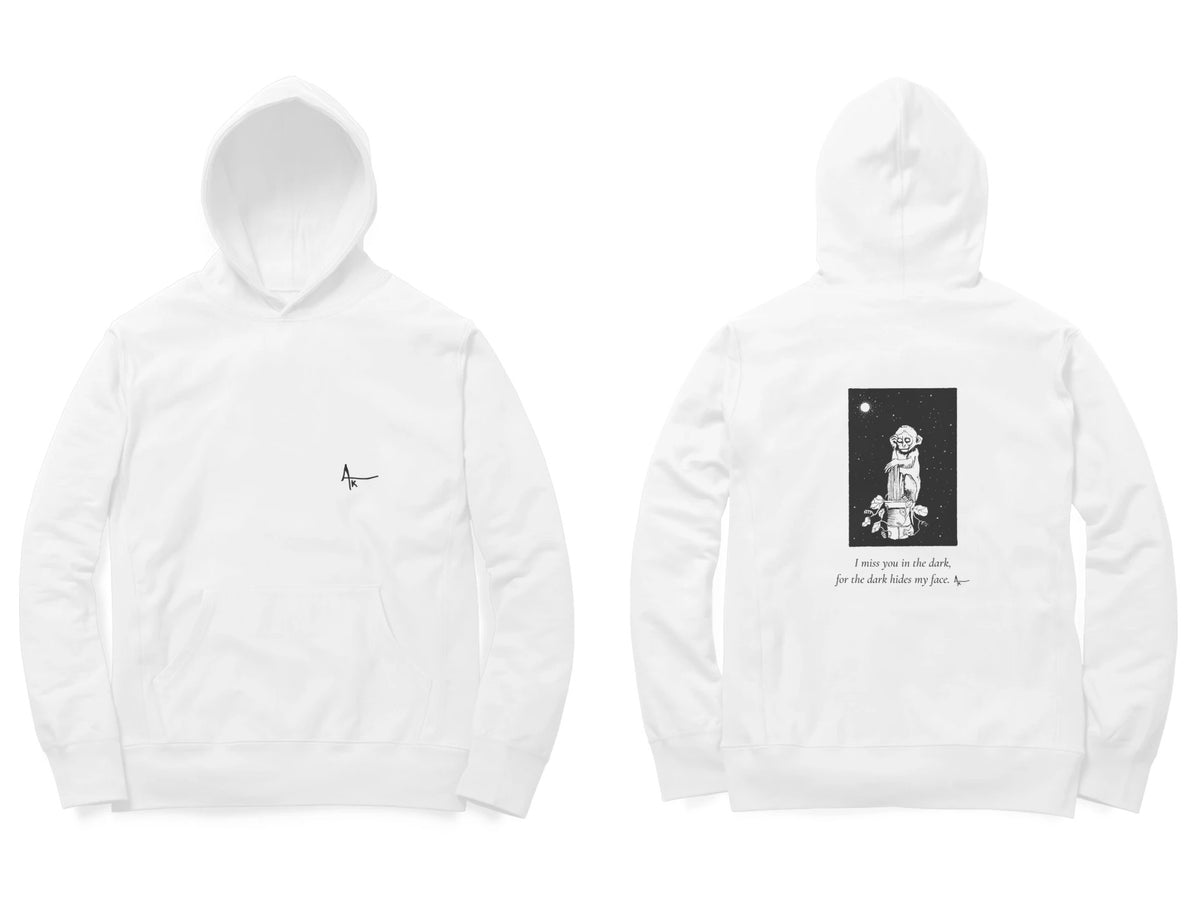 Night Figure Hoodie – Ak logo front, sketch + poem back – White (front and back)
