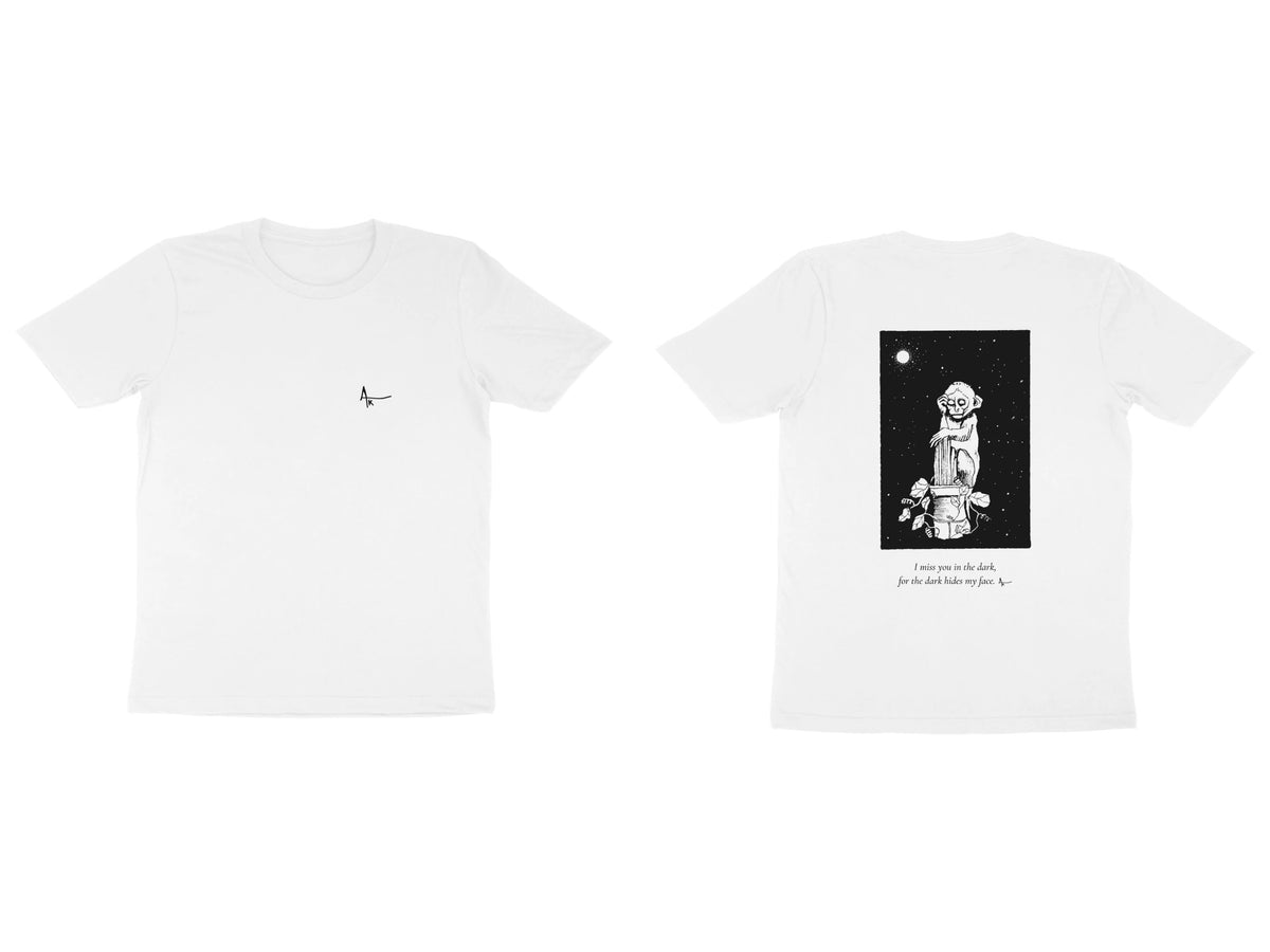Night Figure Tee – Ak logo front, sketch + poem back – White (front and back)