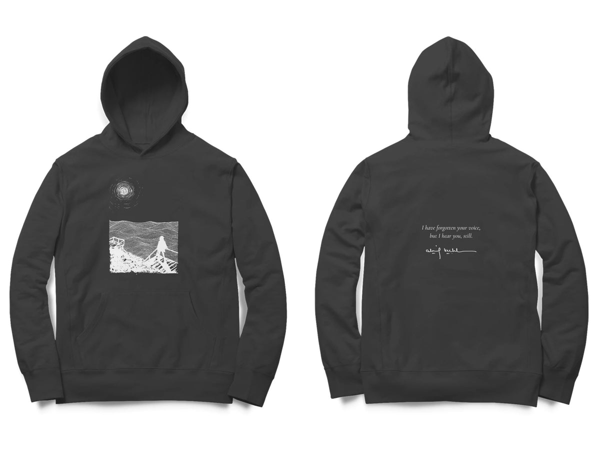 Sea Stairs Hoodie – Sketch front, poem back – Black (front and back)