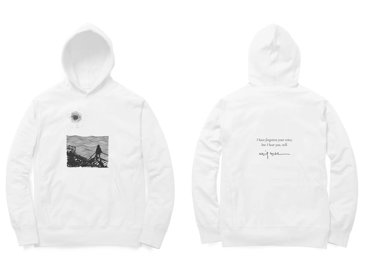 Sea Stairs Hoodie – Sketch front, poem back – White (front and back)