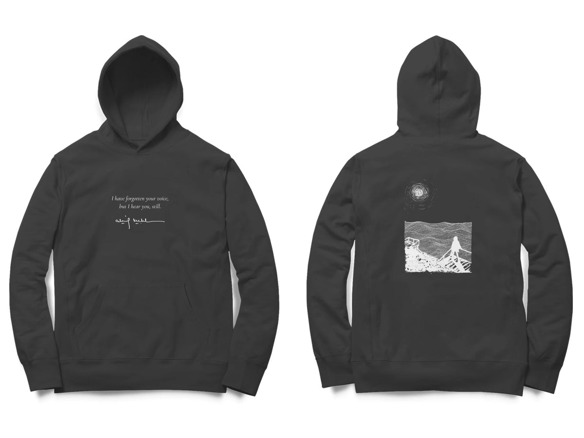 Sea Stairs Hoodie – Poem front, sketch back – Black (front and back)
