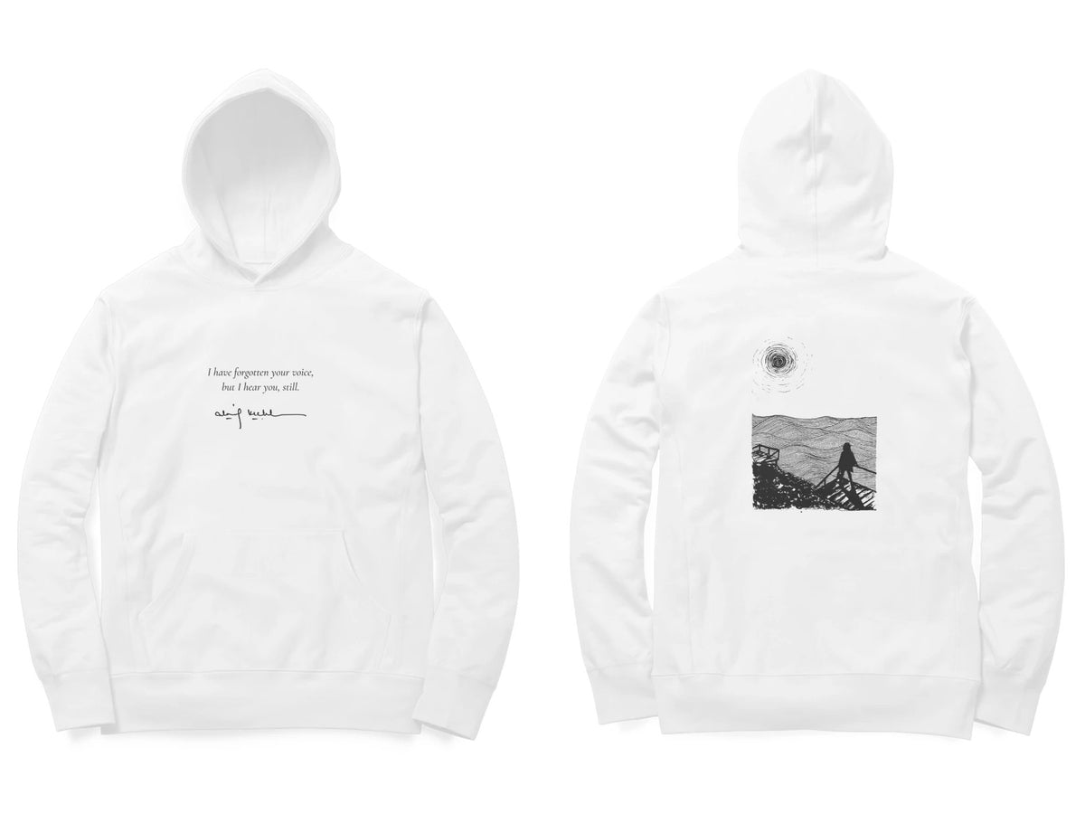 Sea Stairs Hoodie – Poem front, sketch back – White (front and back)