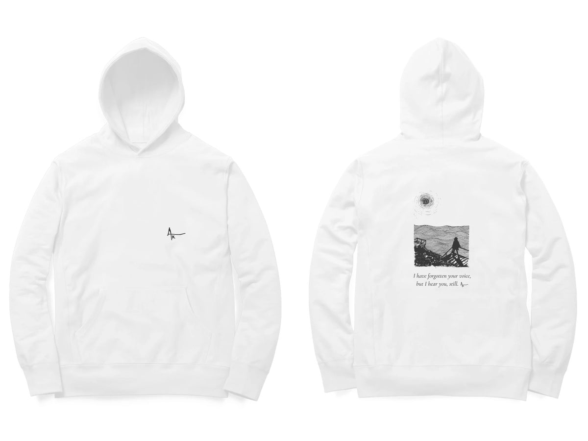 Sea Stairs Hoodie – Ak logo front, sketch + poem back – White (front and back)