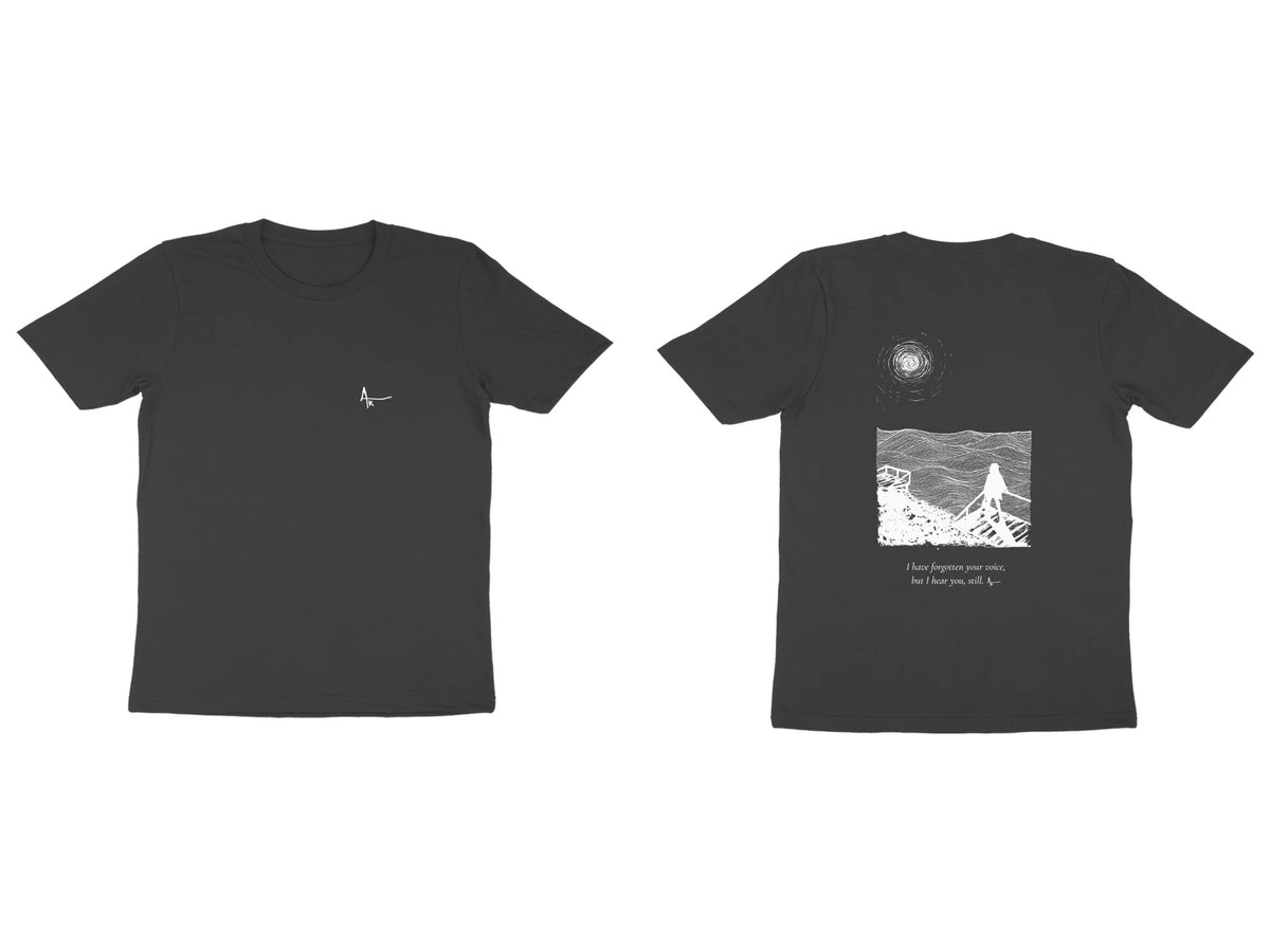 Sea Stairs Tee – Ak logo front, sketch + poem back – Black (front and back)