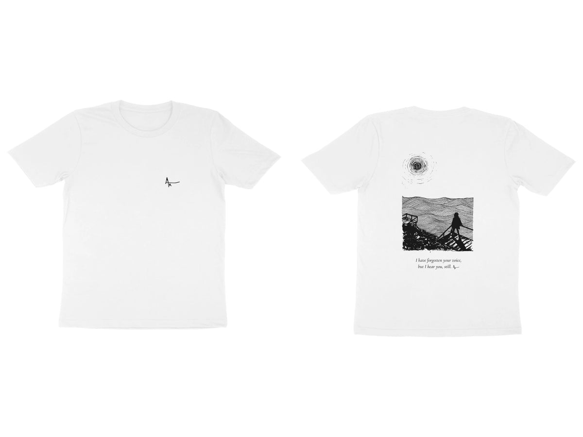 Sea Stairs Tee – Ak logo front, sketch + poem back – White (front and back)
