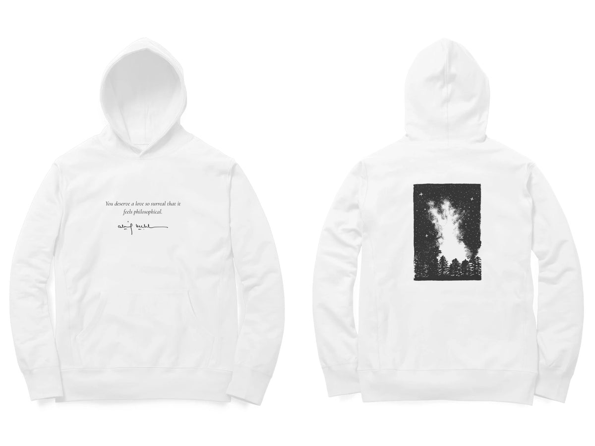 Starfield Hoodie – Poem front, sketch back – White (front and back)