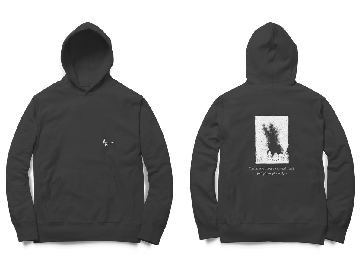 Starfield Hoodie – Ak logo front, sketch + poem back – Black (front and back)