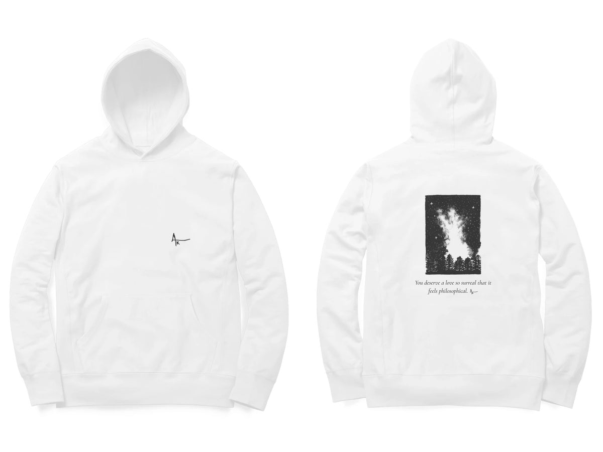 Starfield Hoodie – Ak logo front, sketch + poem back – White (front and back)