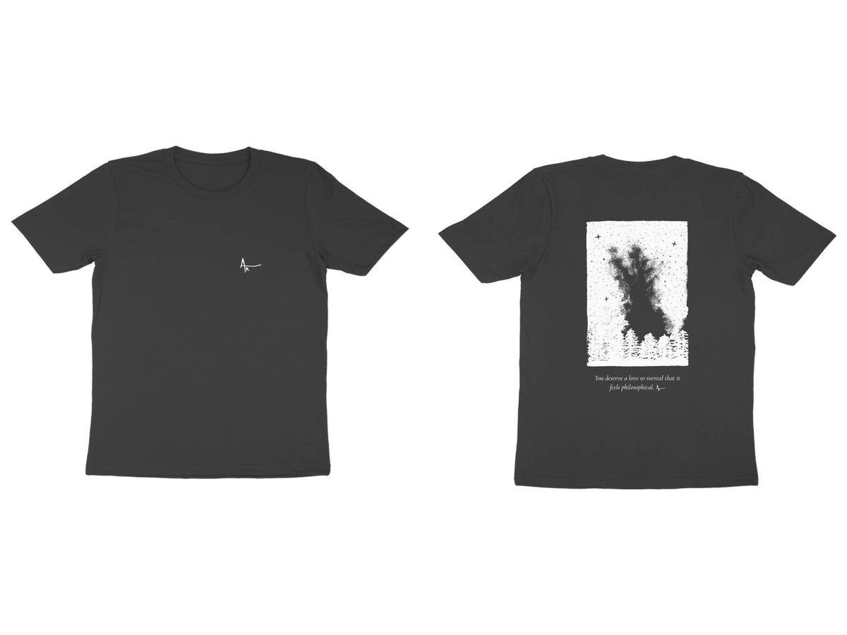 Starfield Tee – Ak logo front, sketch + poem back – Black (front and back)