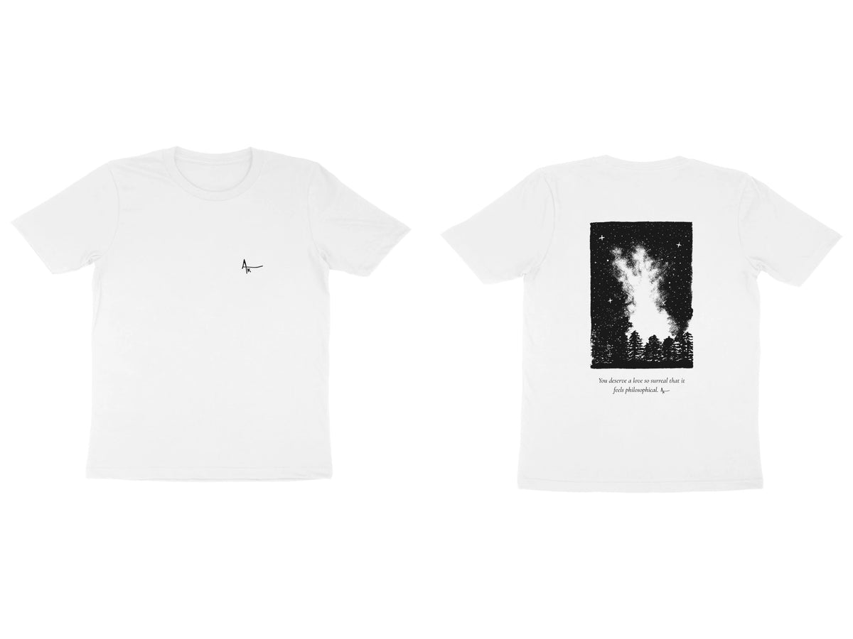 Starfield Tee – Ak logo front, sketch + poem back – White (front and back)
