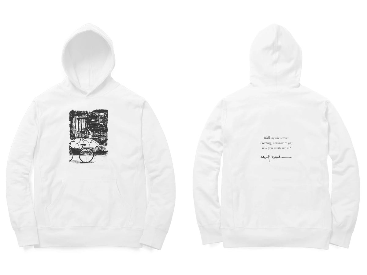 Window & Cart Hoodie – Sketch front, poem back – White (front and back)
