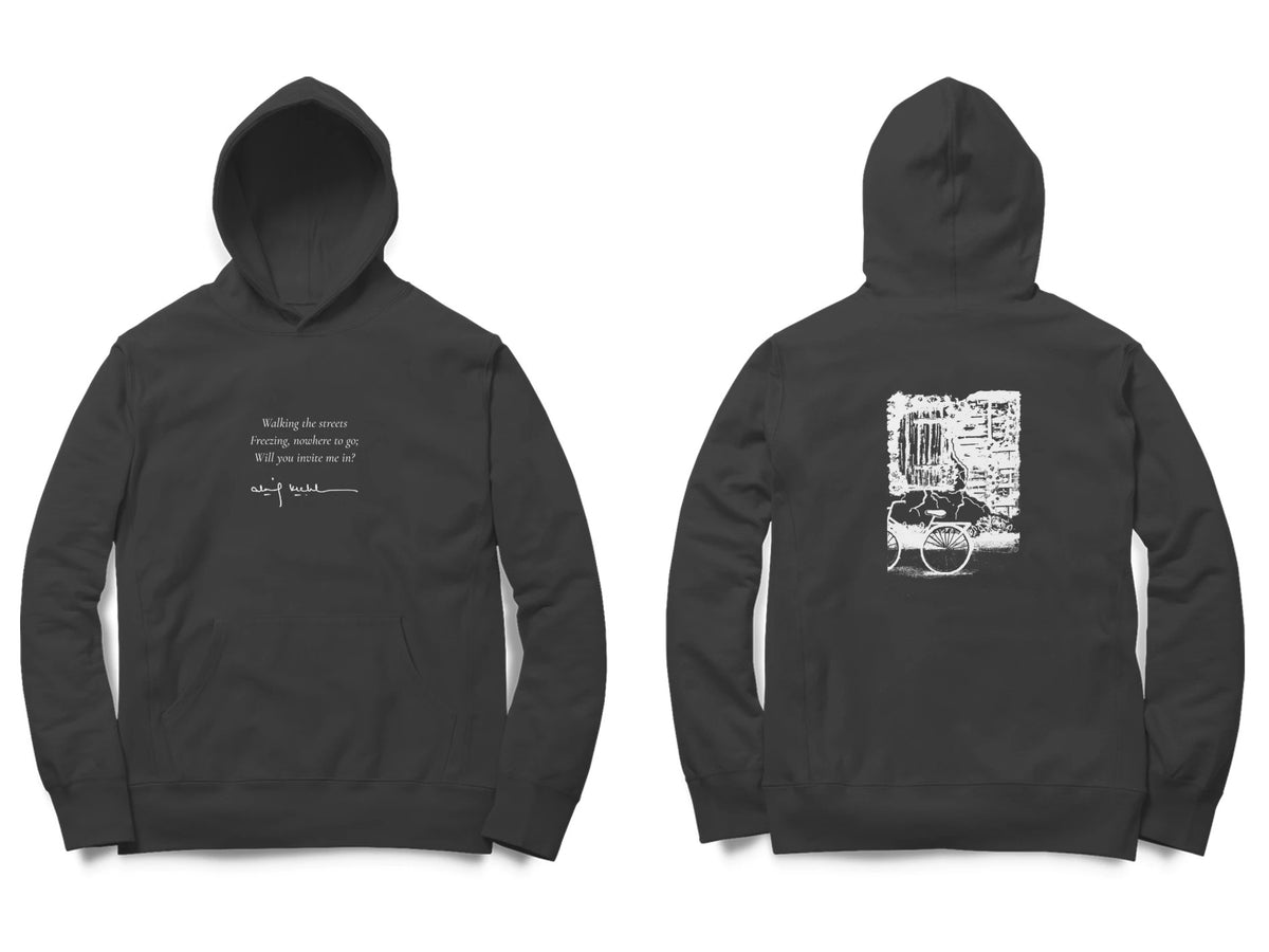Window & Cart Hoodie – Poem front, sketch back – Black (front and back)