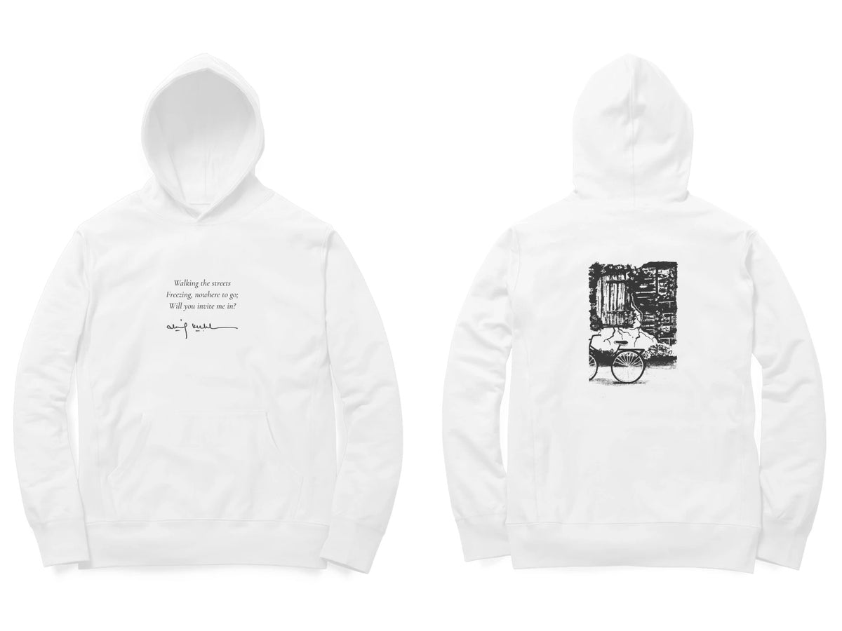 Window & Cart Hoodie – Poem front, sketch back – White (front and back)