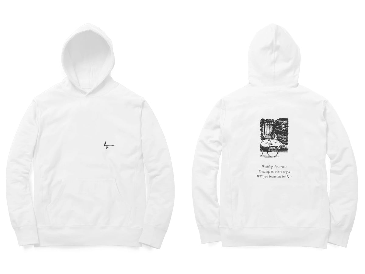 Window & Cart Hoodie – Ak logo front, sketch + poem back – White (front and back)