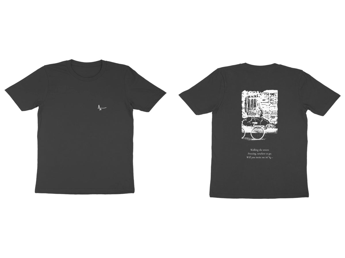 Window & Cart Tee – Ak logo front, sketch + poem back – Black (front and back)