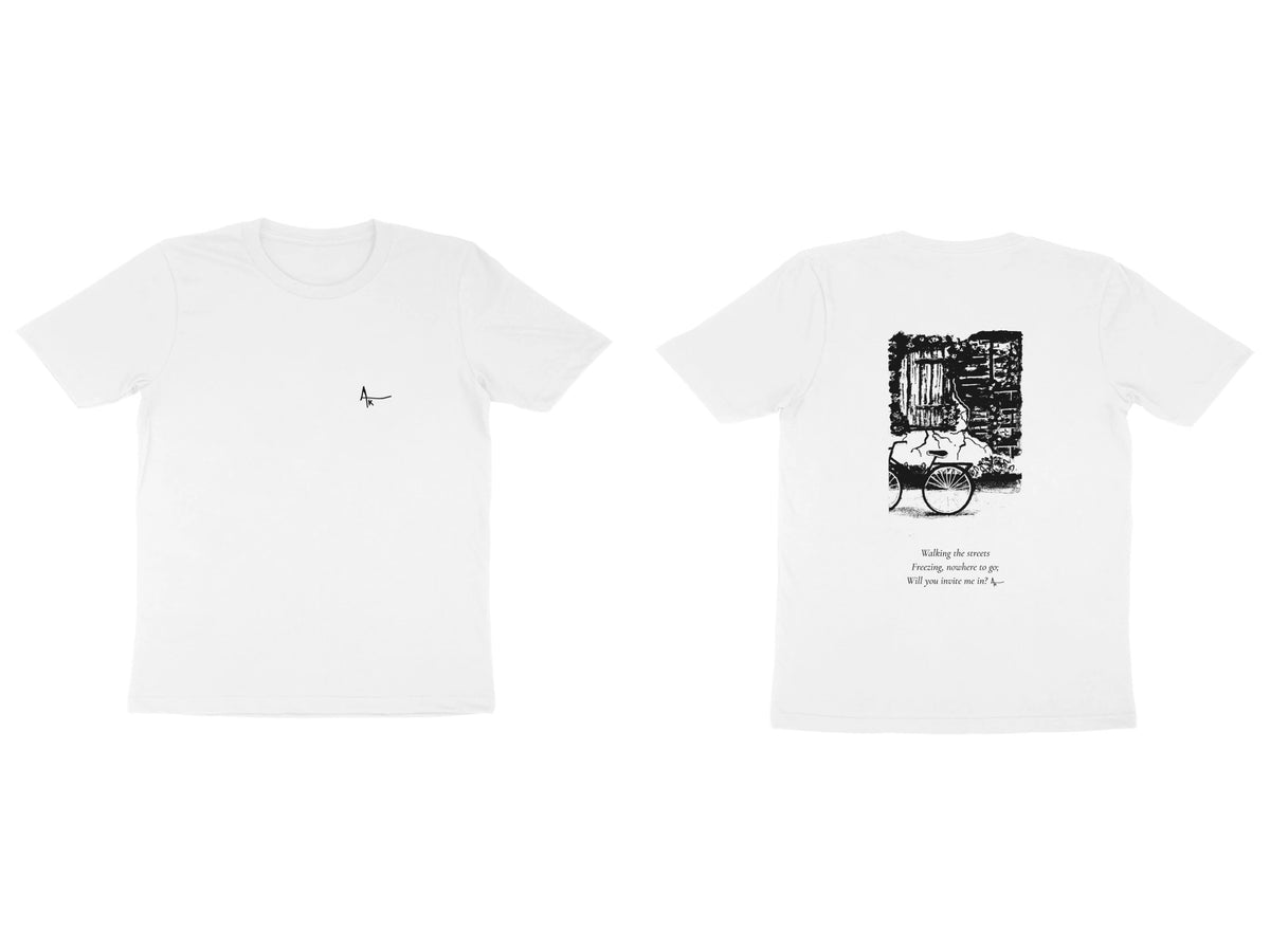 Window & Cart Tee – Ak logo front, sketch + poem back – White (front and back)