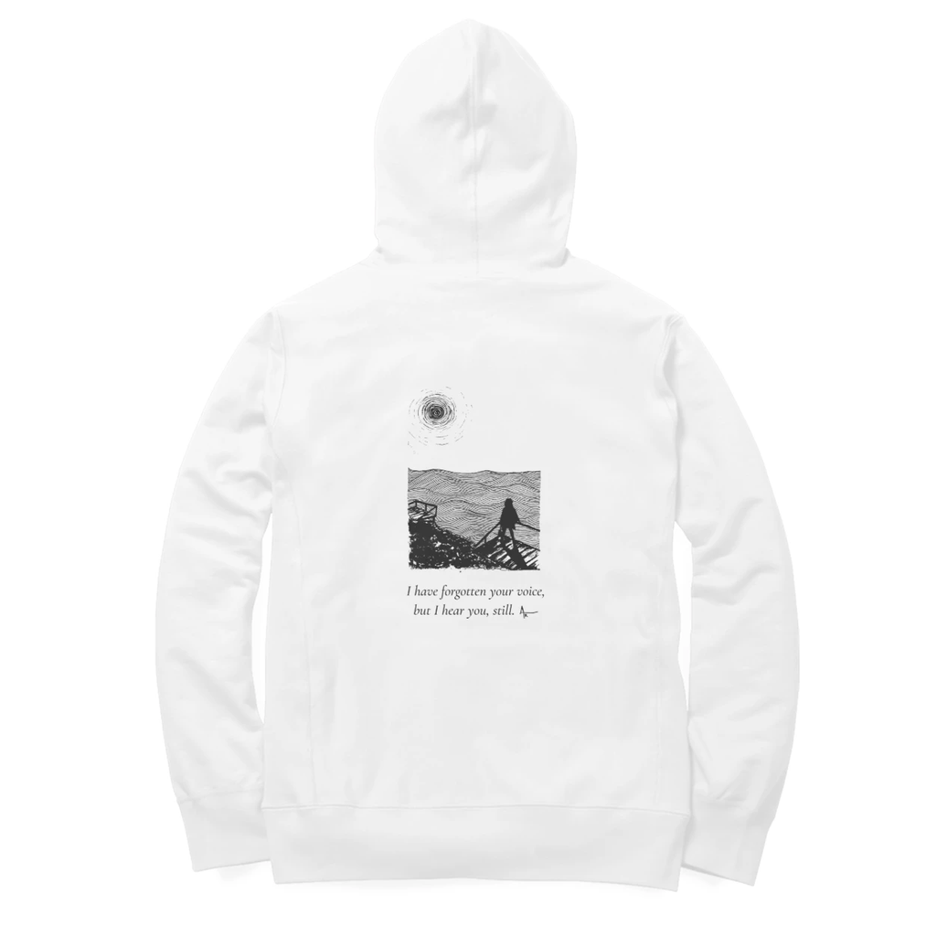 Sea Stairs Hoodie (White, Ak chest logo front / sketch + quote back (Ak logo))