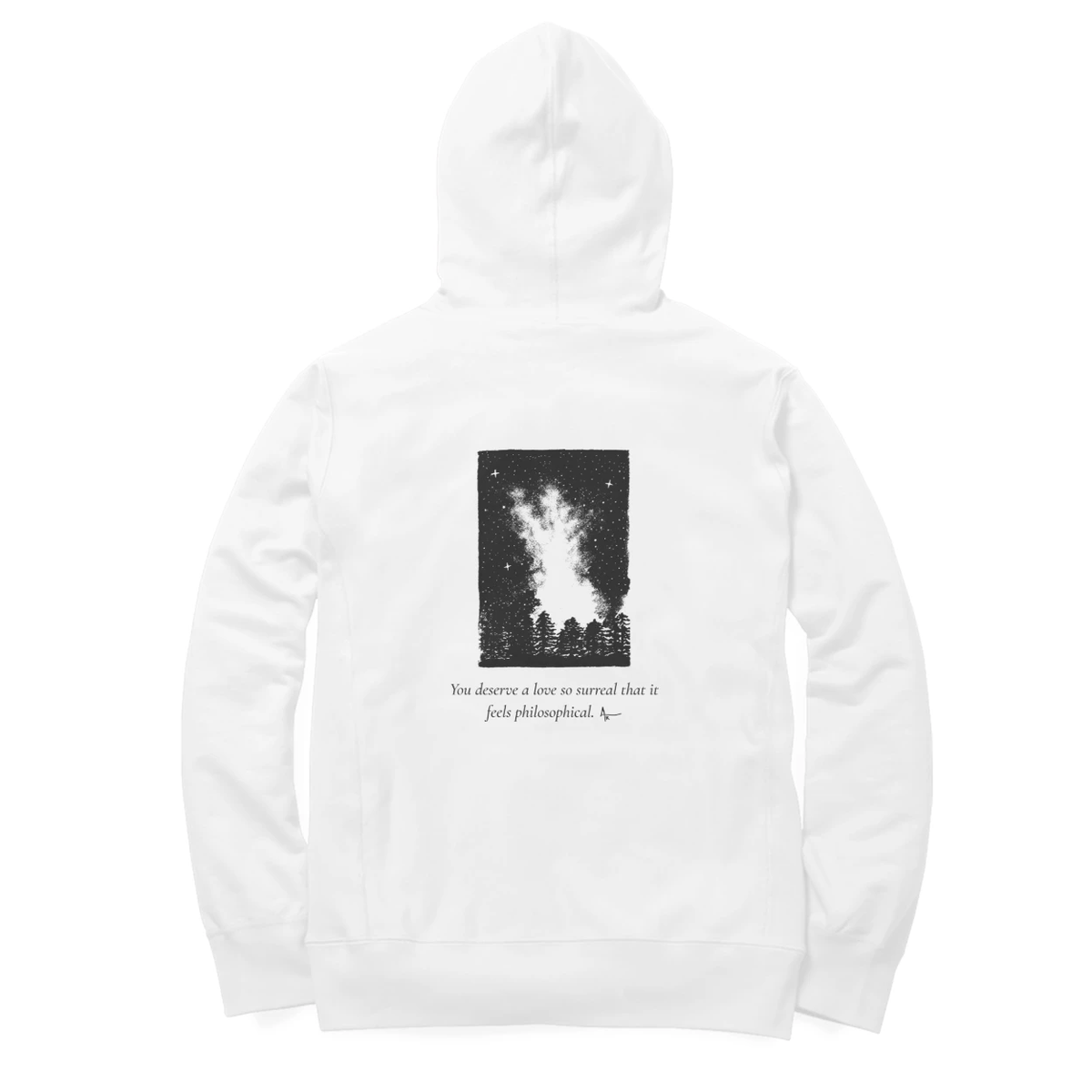 Starfield Hoodie (White, Ak chest logo front / sketch + quote back (Ak logo))