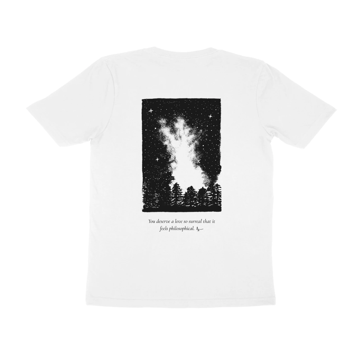 Starfield Tee (White, Ak chest logo front / sketch + quote back (Ak logo))