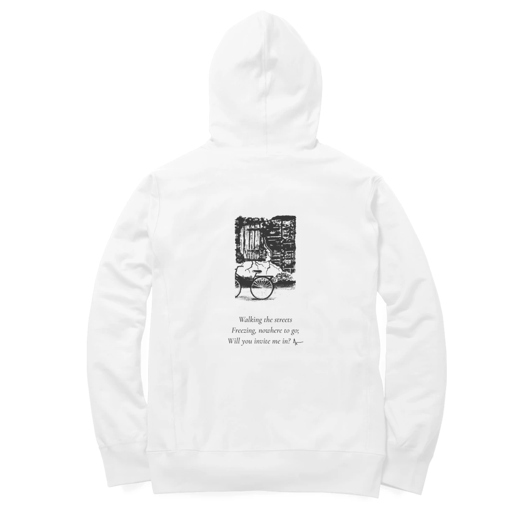 Window & Cart Hoodie (White, Ak chest logo front / sketch + quote back (Ak logo))