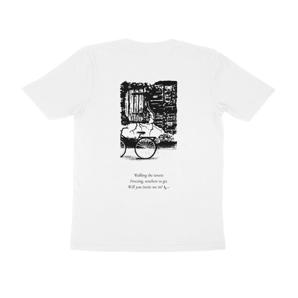 Window & Cart Tee (White, Ak chest logo front / sketch + quote back (Ak logo))